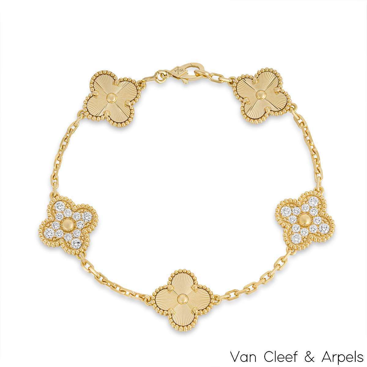 Van Cleef & Arpels Yellow Gold Diamond Guilloche Vintage Alhambra 5 Motif Bracelet VCARP4KN00